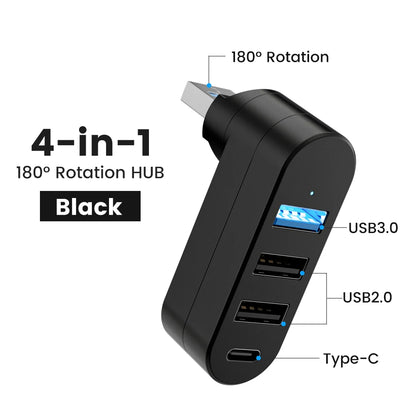 Elough 4-Port USB Hub - 180° Rotatable USB 3.0/2.0 and Type-C Data Transfer Adapter for Laptop, MacBook, and PC