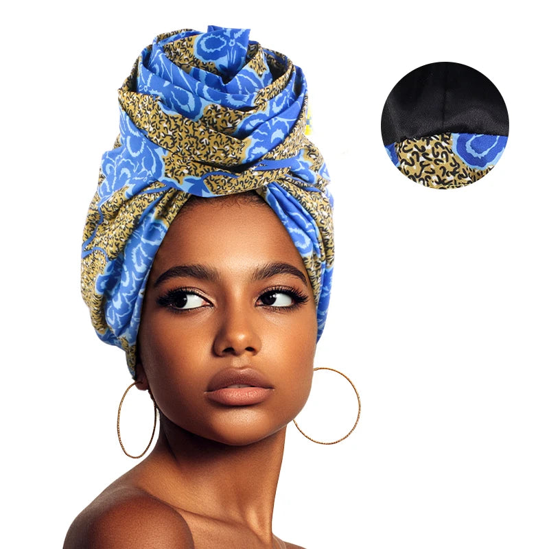 African Satin Lined Turban Cap - Floral Print Big Flower Headwrap Bonnet for Women Muslim Headscarf Beanie Hat