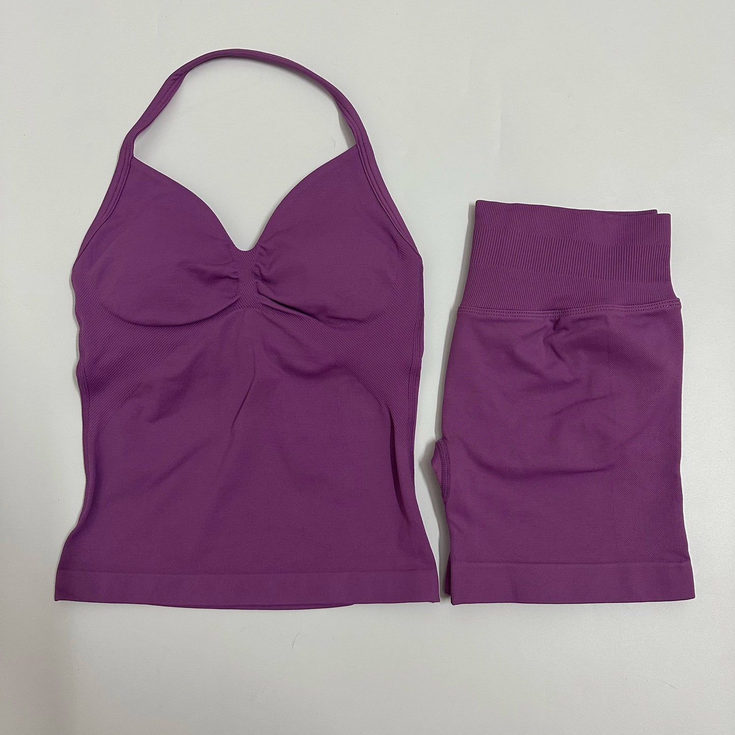 2-Piece Women’s Yoga Set – Seamless Longline Strappy Tank Top & Scrunch Sports Shorts, Summer Workout Gym Outfit