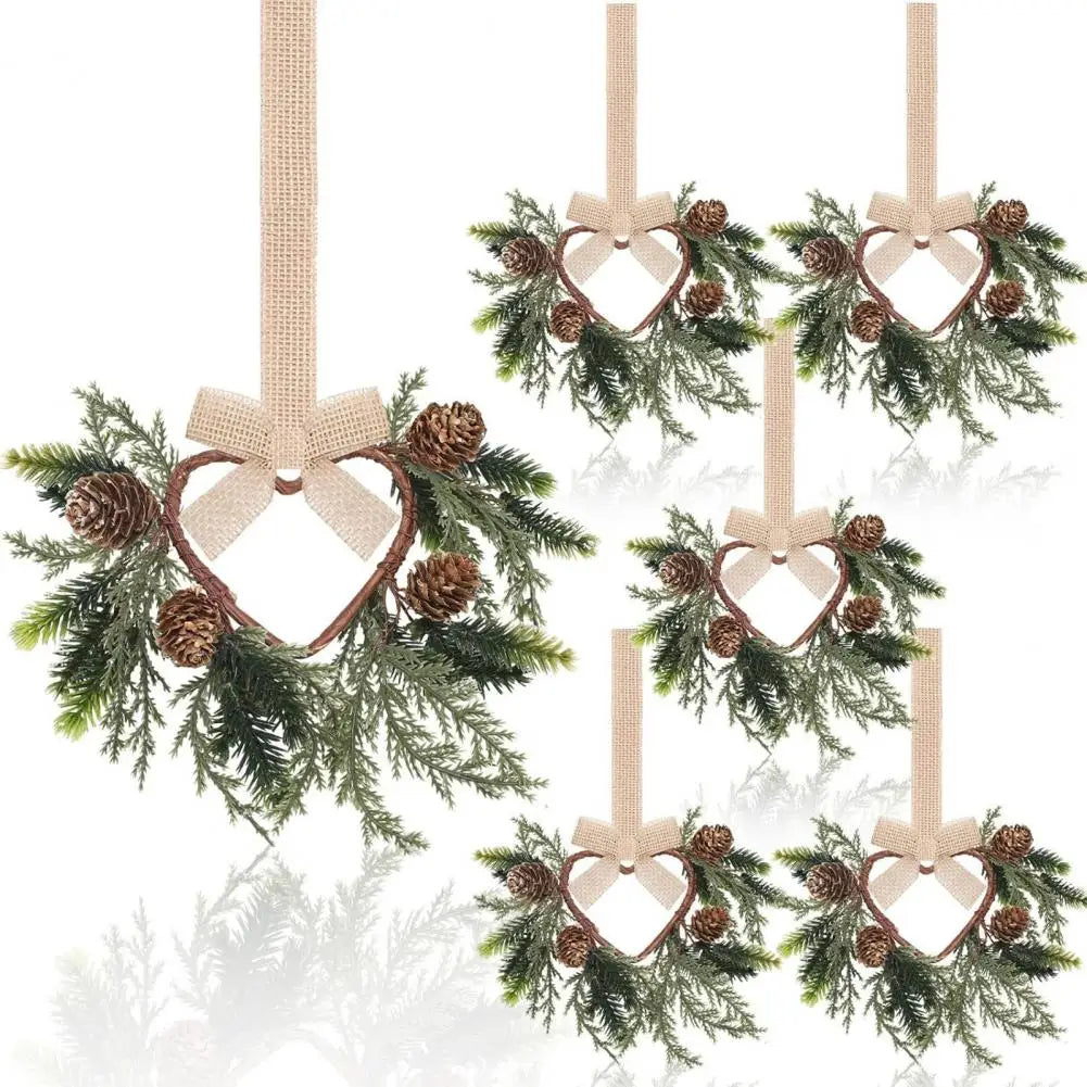 Set of 6 Mini Christmas Cabinet Wreaths with Ribbon Bows – Artificial Farmhouse Holiday Party Decorations