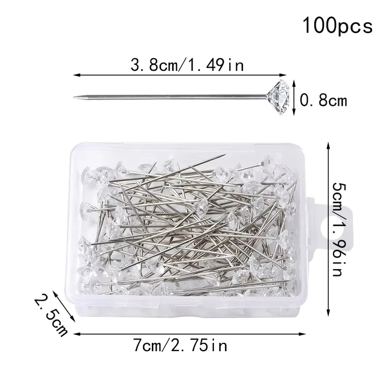 Fenrry 100PCS Diamond Head Pins – Crystal Corsage Sewing Pins, Straight Pins for Dressmaking & Party Decorations with Plastic Box