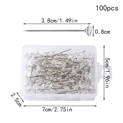Fenrry 100PCS Diamond Head Pins – Crystal Corsage Sewing Pins, Straight Pins for Dressmaking & Party Decorations with Plastic Box