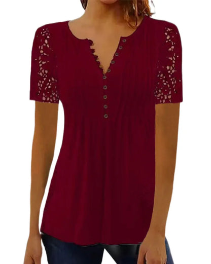 Women’s Summer Floral Lace V-Neck Blouse – Loose Fit Short Sleeve Casual Elegant Printed Fashion Shirt for Spring & Summer Wear