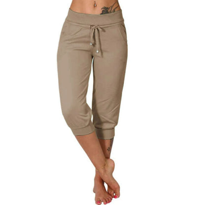 Women’s Cotton Linen Jogger Capris - Solid Color Summer Casual Pants with Double Pockets for Beach & Vacation Wear