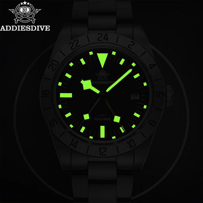 ADDIESDIVE GMT Men’s Diver Watch – 39mm Stainless Steel, Luminous Calendar Display, 20ATM Quartz Reloj Hombre