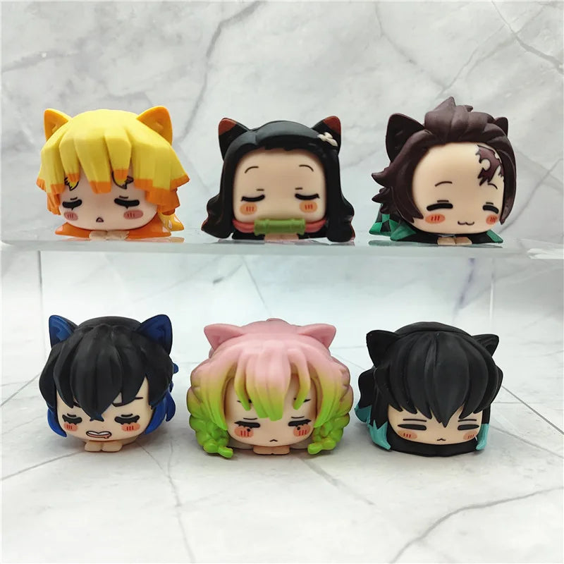 6PCS Demon Slayer Mini Figures — Nezuko, Tanjirou, Zenitsu & Inosuke PVC Kawaii Cat Ear Sleep Model Toys