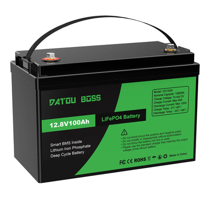 DATOUBOSS 12V 100Ah LiFePO4 Battery — 1280Wh Lithium Battery with 100A BMS, 8000-15000 Deep Cycles, Series/Parallel Support