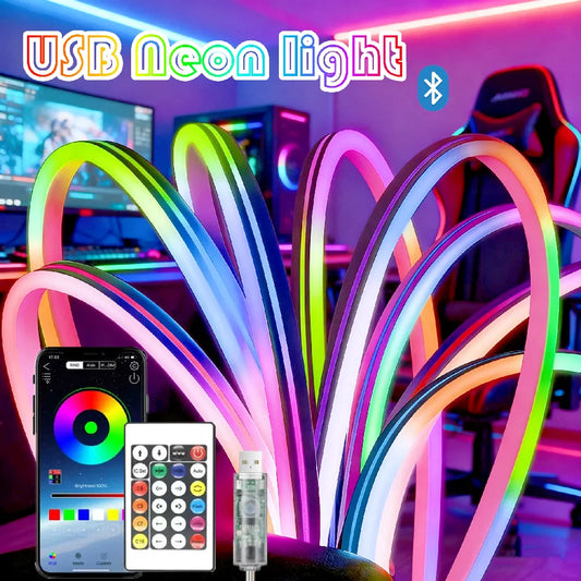 RGB Esports Neon Strip Light - USB Waterproof Flexible LED Ribbon Tape with Bluetooth Remote for Gaming Room & Home Decor