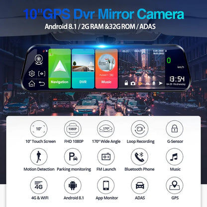 E-ACE 10'' 4G Android Dash Cam – FHD 1080P Dual Lens Rearview Mirror DVR with ADAS & Streaming