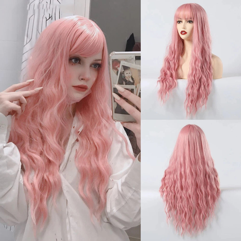 Light Green Long Wavy Synthetic Wig with Bangs – Blackish Green Cosplay & Lolita Style, Heat-Resistant for Women