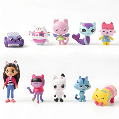 Anime Cartoon Figure Set - 10pcs Cute Smiling Cat Car Hug Dolls, Collectible Toys & Birthday Gifts