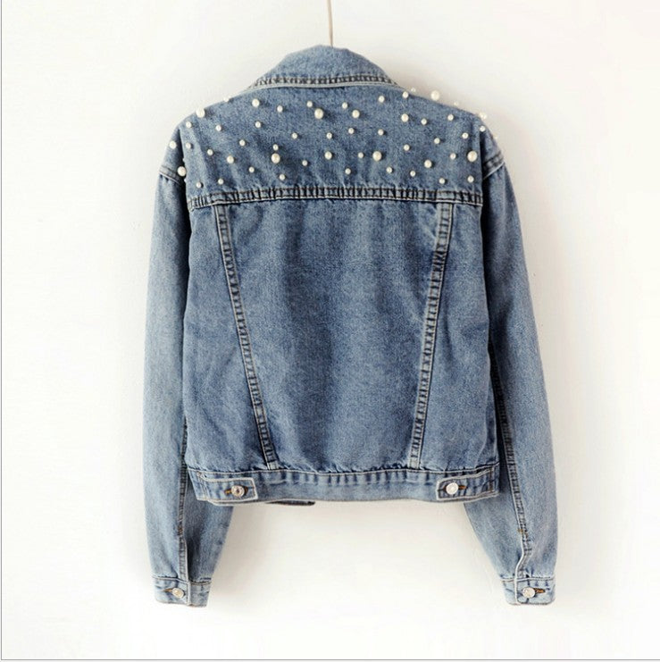 2024 Women's Short Denim Jacket – Beaded Pearl Design, Loose Fit for Spring & Autumn, New Denim Jacket