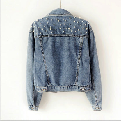 2024 Women's Short Denim Jacket – Beaded Pearl Design, Loose Fit for Spring & Autumn, New Denim Jacket