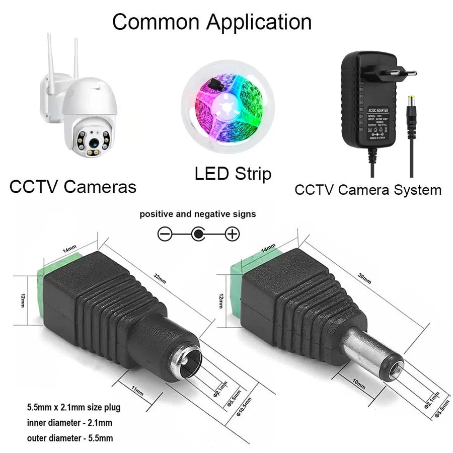 12V DC Power Plug Connectors - 5.5×2.1mm Male and Female Adapter Jacks for LED Strip Lights and CCTV Cameras, 5 Pairs