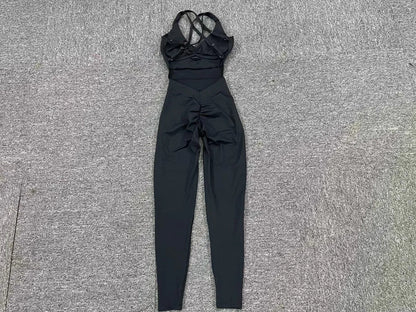 Women’s Black Sporty Jumpsuit – 2025 Workout Yoga Gym Set with Push-Up Fitness Overalls