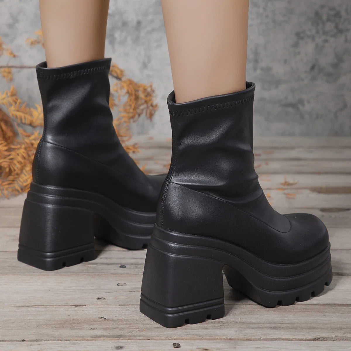 Women’s New Fashion Short Boots – Sexy Leather, Square Toe, Zipper High Heels, Casual Thick-Soled Shoes Zapatos