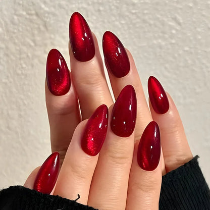 24PCS Glossy Red Cat Eye Press-On Nails Almond Full Cover Reusable Fake Nail Set