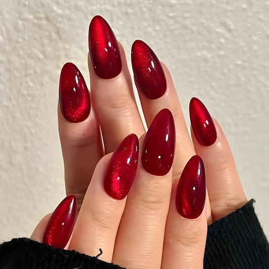 24PCS Glossy Red Cat Eye Press-On Nails Almond Full Cover Reusable Fake Nail Set