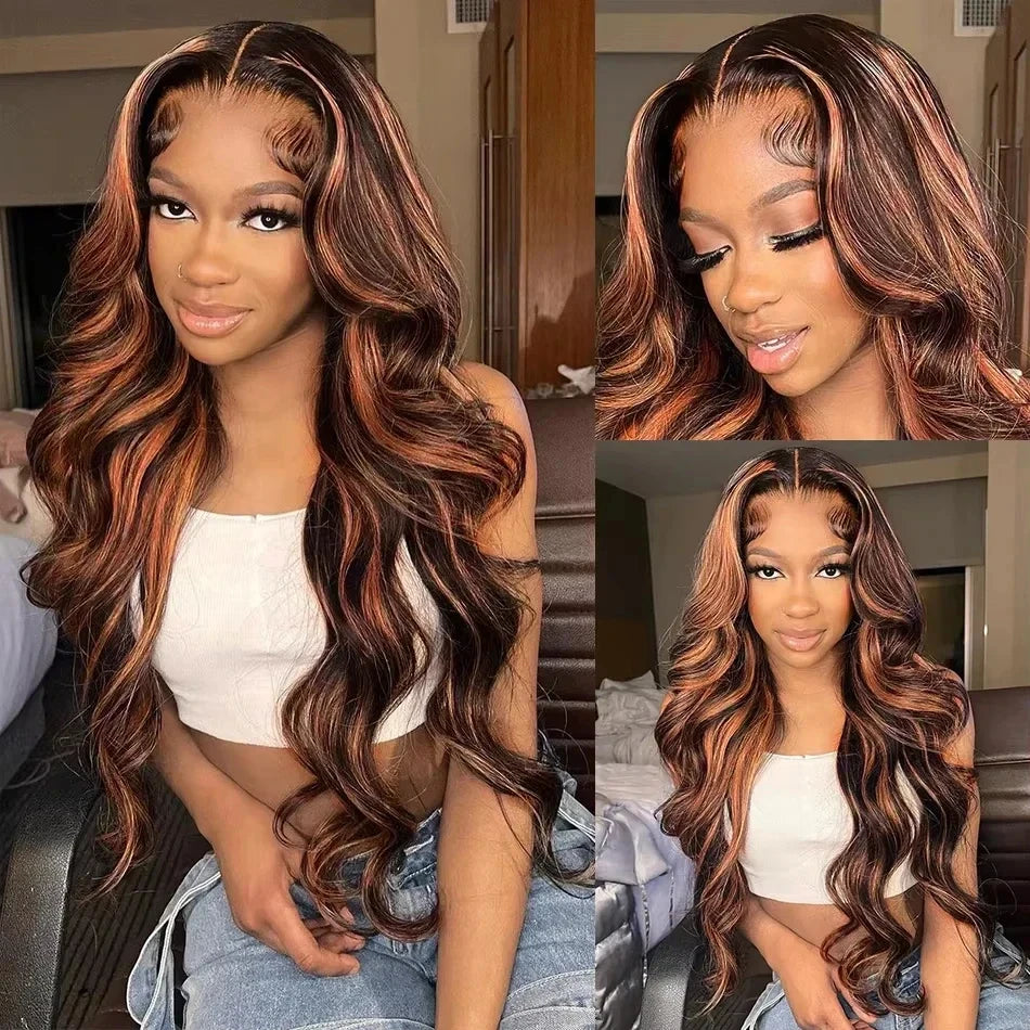 Ombre Highlight Body Wave Wig – 13x4 Lace Front, 1B/30 Black Brown HD Brazilian Human Hair Wig for Women