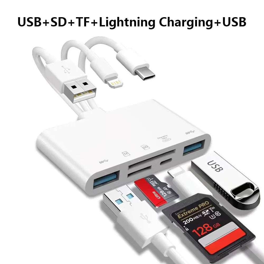 5-in-1 USB-C & Lightning Card Reader – SD/Micro SD OTG Adapter with Charging Port for iPhone, iPad, Android, Laptop & PC