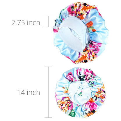 Large Satin Bonnet for Women - Flower Print Silk Sleep Cap with Elastic Band for Braids, Curly & High-Density Hair