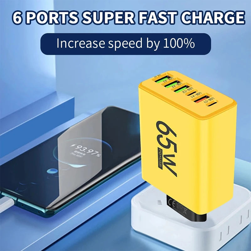 USB Type C 6-Port Wall Charger - PD Fast Charging for iPhone 15/14 Pro Max, Samsung, Xiaomi, Huawei Mobile Phones