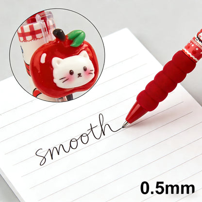 4-Piece Kawaii Apple Cat Gel Pen Set – 0.5mm Black Ink Cute Soft-Grip Pens for School and Office