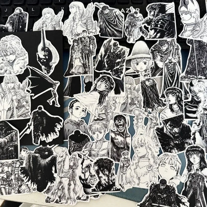53pcs Berserk Guts Anime Stickers – Black & White Waterproof Laptop, Diary & Luggage Decals