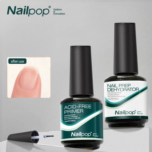 Nailpop Nail Dehydrator & Primer — Acid-Free Natural Nail Prep for Acrylic & UV Gel, Fast Dry Superior Bonding Set