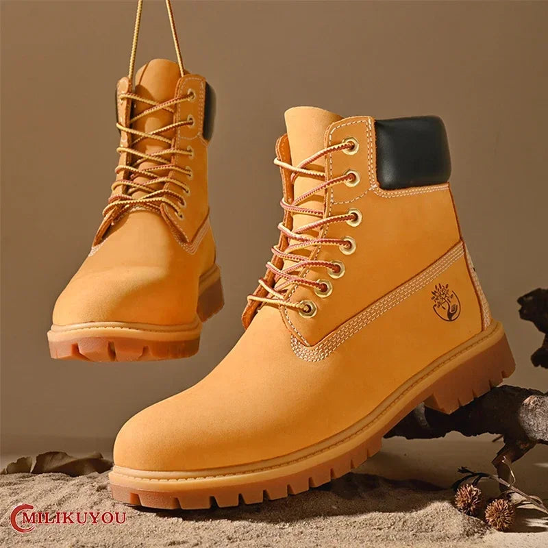 High Top Leather Boots for Men & Women – Fashion Lace-Up Outdoor Sneakers, Non-Slip Casual Ankle Shoes for Couples