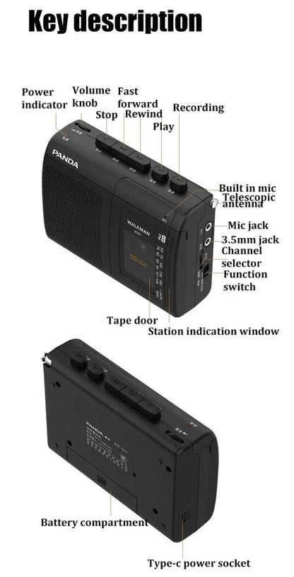 Portable Tape AM/FM Radio – Retro Cassette Music Player Walkman with Loudspeaker & 3.5mm Headphone Support