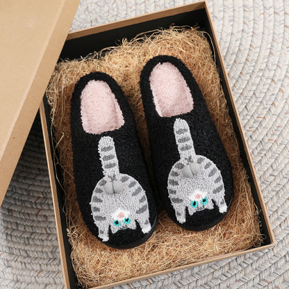 Embroidered Cat Plush Slippers - Warm Thick-Sole Non-Slip Indoor House Shoes for Men & Women