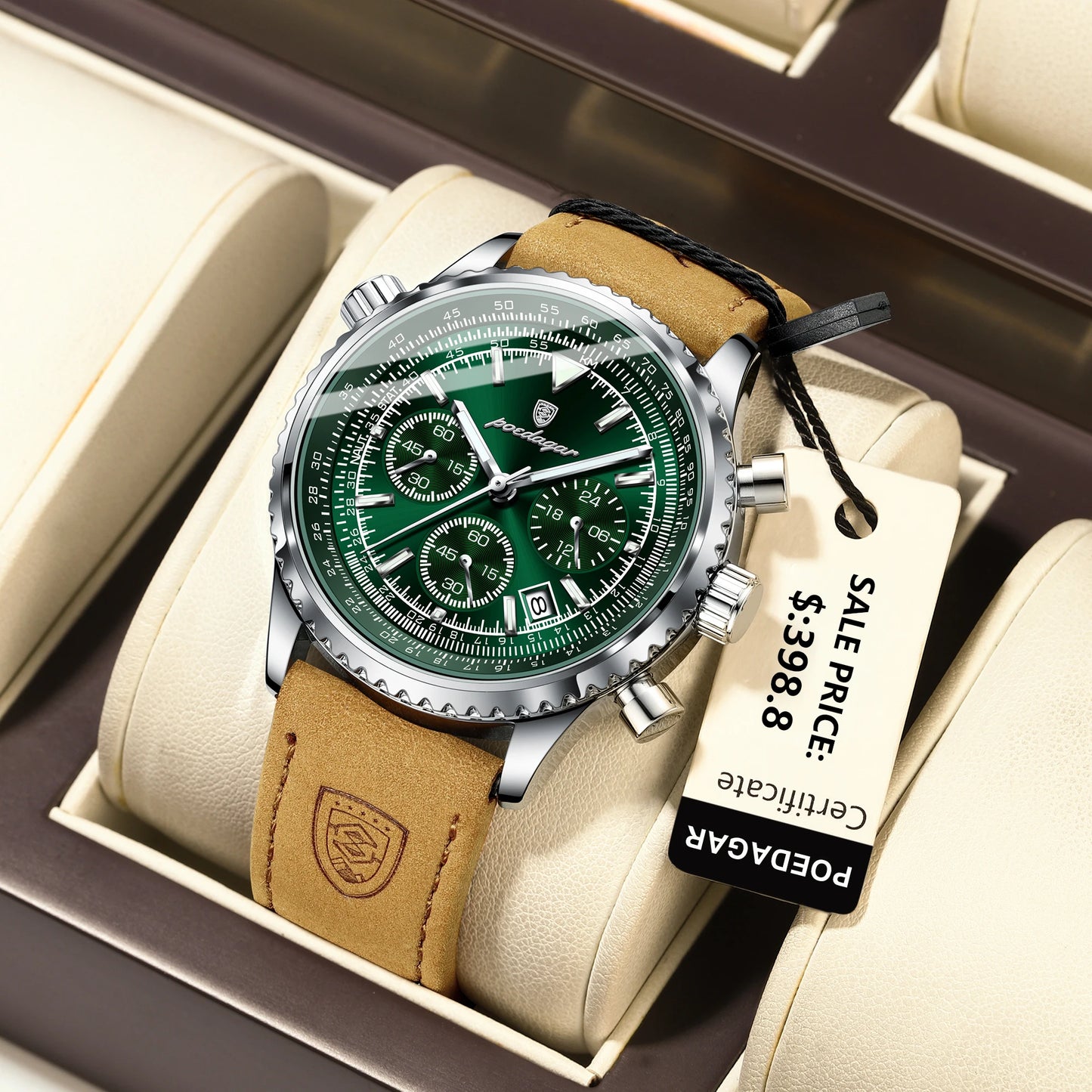 POEDAGAR Luxury Men's Quartz Watch Waterproof Luminous Date Chronograph Leather Military Sports Wristwatch