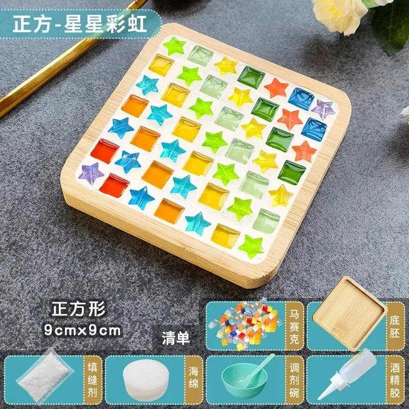 DIY Handmade Mosaic Coaster Set – Bamboo Heart & Square Cup Mats, Creative Parent-Child Educational Craft Toy Kit for Free Design Activities