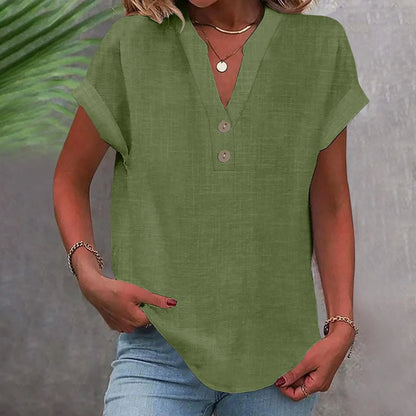 Women’s Cotton Linen Button-Down V-Neck Shirt – Breathable Solid Color Summer Office Casual Top 2025