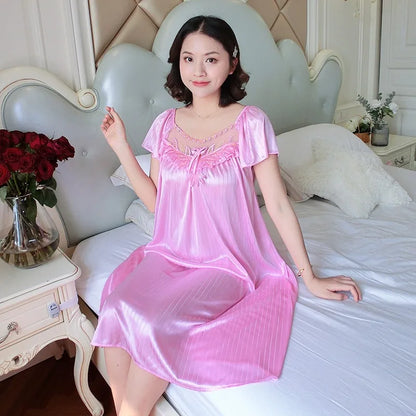 Women’s Ice Silk Nightgown – Medium-Length Short Sleeve Sexy Sleepwear, Loungewear & Home Pyjama for Ladies