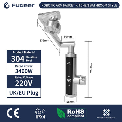 Fudeer 3400W 220V Electric Kitchen Water Heater Tap – Instant Hot & Cold Stainless Steel Faucet Heater