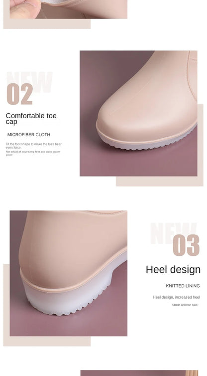 Women’s Fashion Mid-Tube Rain Boots – Wear-Resistant, Waterproof Rubber Shoes with Thick Sole, Non-Slip & Cotton Lining