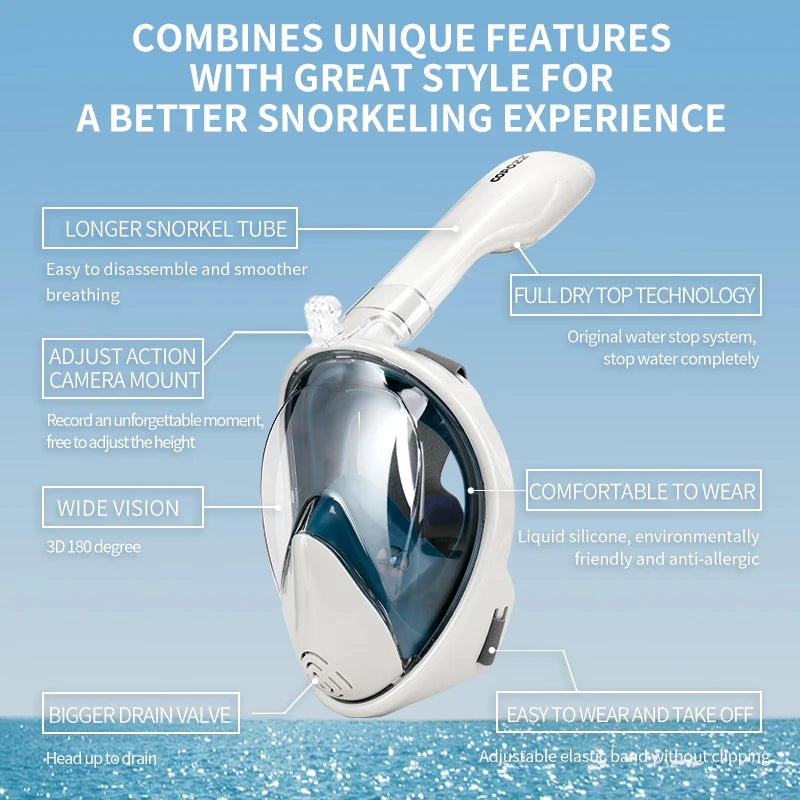 COPOZZ Full Face Diving Mask - Anti-Fog Snorkeling Mask with GoPro Camera Mount for Adults
