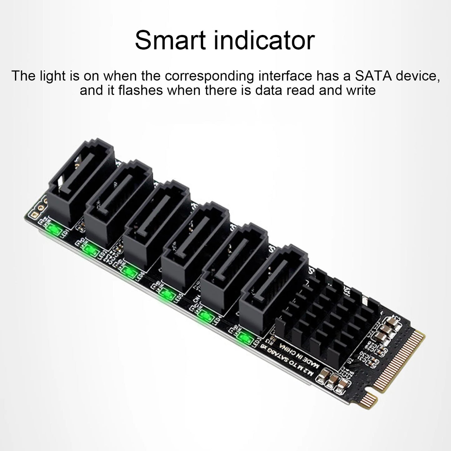 M.2 to SATA 3.0 Adapter Card — 6Gbps High-Speed ASM1166 PCIe to SATA Expansion Card with Smart Indicator