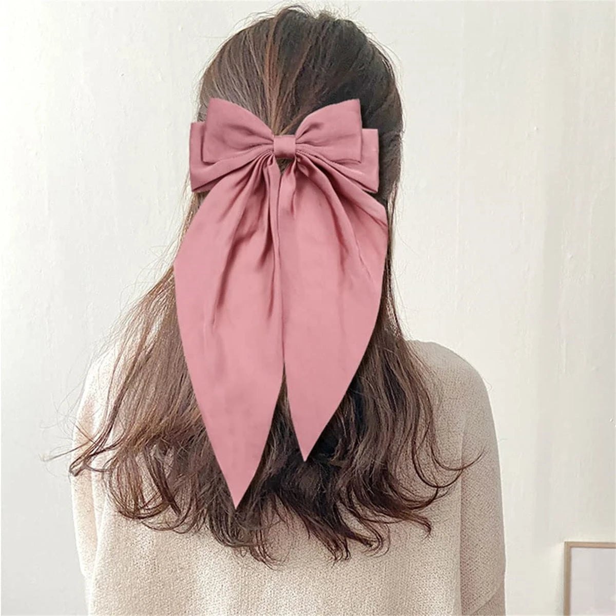 8 Ladies Satin Ribbon Bow Hair Clips – Oversized White, Pink, Red, Blue, Black Long Tail, Spring Clip for Ponytail Hair Accessories