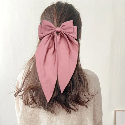 8 Ladies Satin Ribbon Bow Hair Clips – Oversized White, Pink, Red, Blue, Black Long Tail, Spring Clip for Ponytail Hair Accessories
