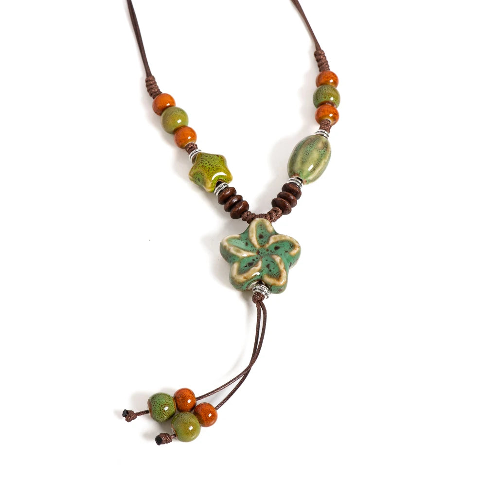 Nature-Inspired Ceramic Pendant Necklace - Handmade Adjustable Boho Ethnic Green Blossom Artisan Jewelry for Women
