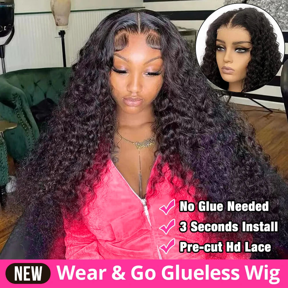 30-40 Inch Curly 13x4 Glueless Human Hair Wig – Brazilian Loose Deep Wave Black Wig, Ready-to-Wear Clearance Sale