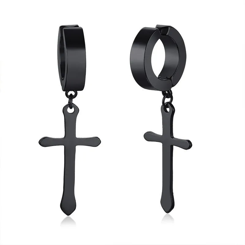Stainless Steel Cross Charm Earrings - Men's Fashion Jewelry