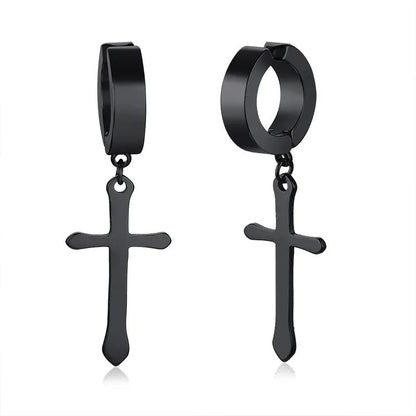 Stainless Steel Cross Charm Earrings - Men's Fashion Jewelry