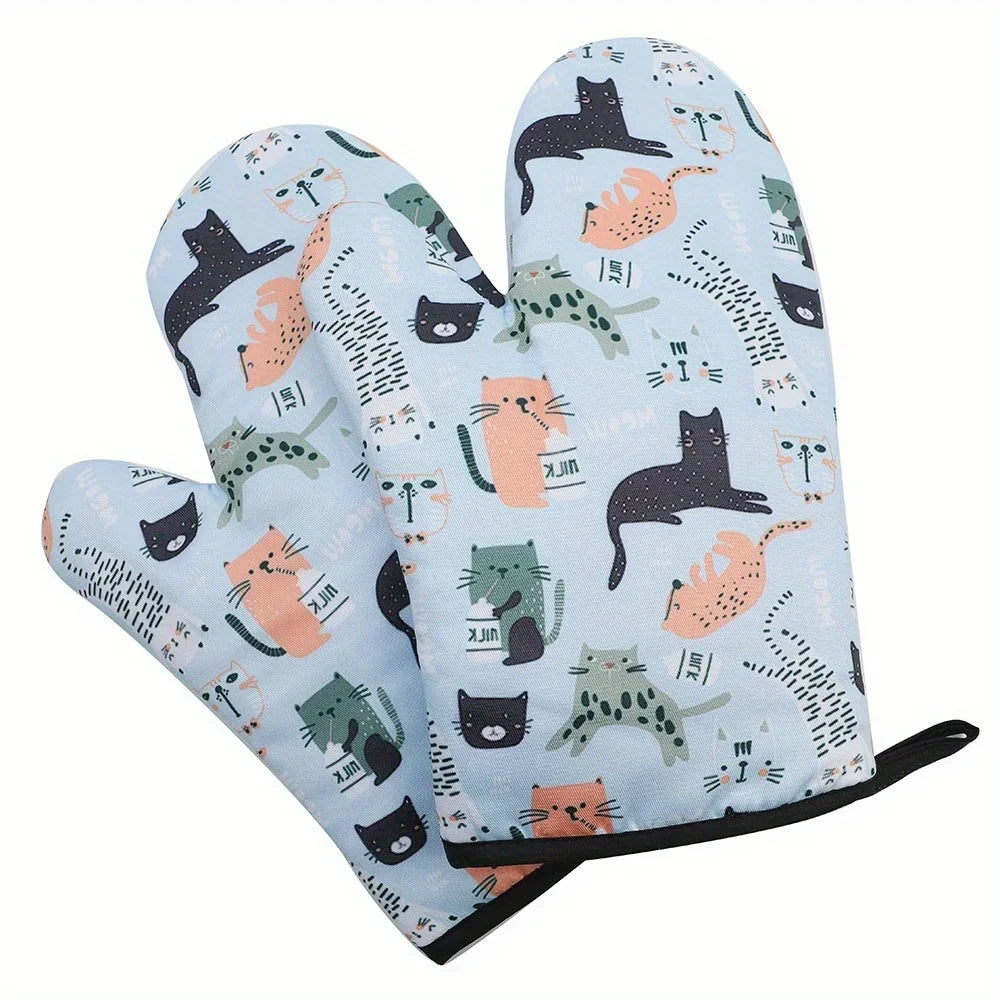 2PCS Cat Print Microwave Oven Mitts – Thickened Heat-Resistant Soft Cotton Gloves for Baking & Kitchen Use