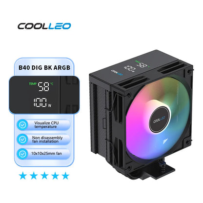 COOLLEO B40S DIG CPU Air Cooler with Intelligent Temperature Display – 4 Heat Pipes 200W TDP Radiator for Intel LGA1700/115X & AMD AM4/AM5