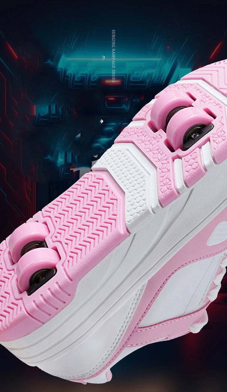 Four-Wheel Roller Shoes for Boys & Girls – Casual Outdoor Sports Sneakers with Pulleys, Slide & Shrink School Walking Shoes