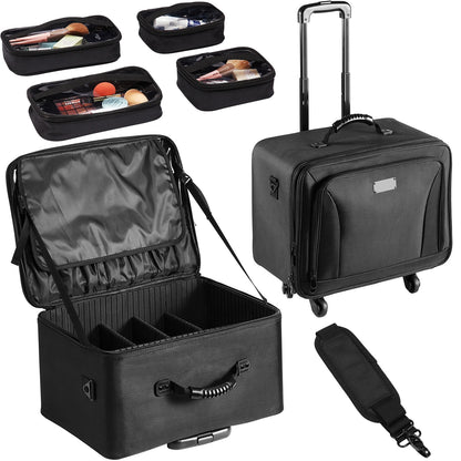 SucceBuy Rolling Makeup Train Case – Waterproof Oxford Makeup Organizer with Handle, Wheels & Carry Strap